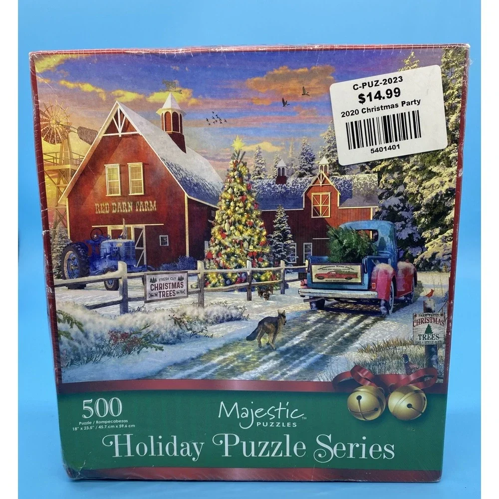 NEW Majestic Puzzles Holiday Puzzle Series Red Barn Tree Farm 500 Pc Puzzle